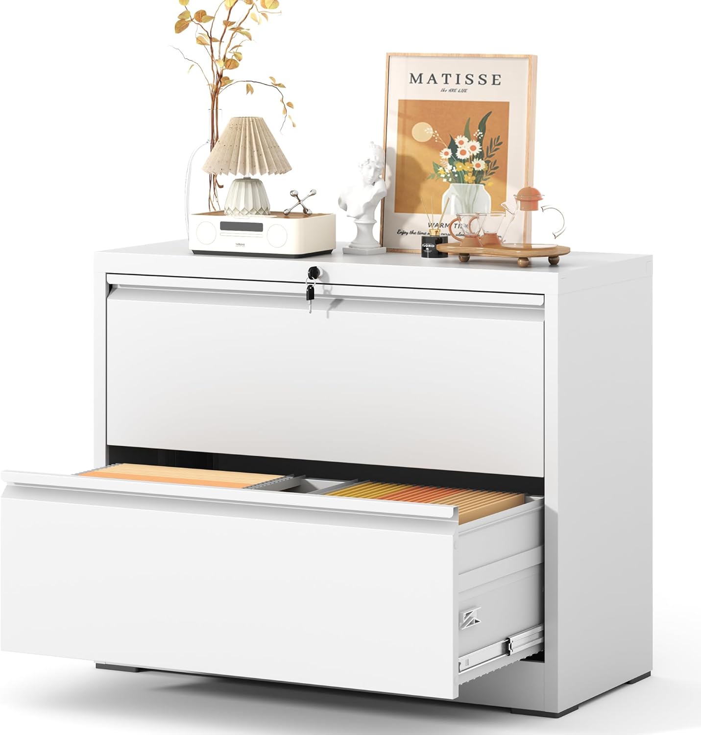 2 Drawer Lateral File Cabinet, Metal Lateral Filing Cabinet for Home Office, Filing Cabinets for Letter/Legal/A4/F4 Hanging Files (White)