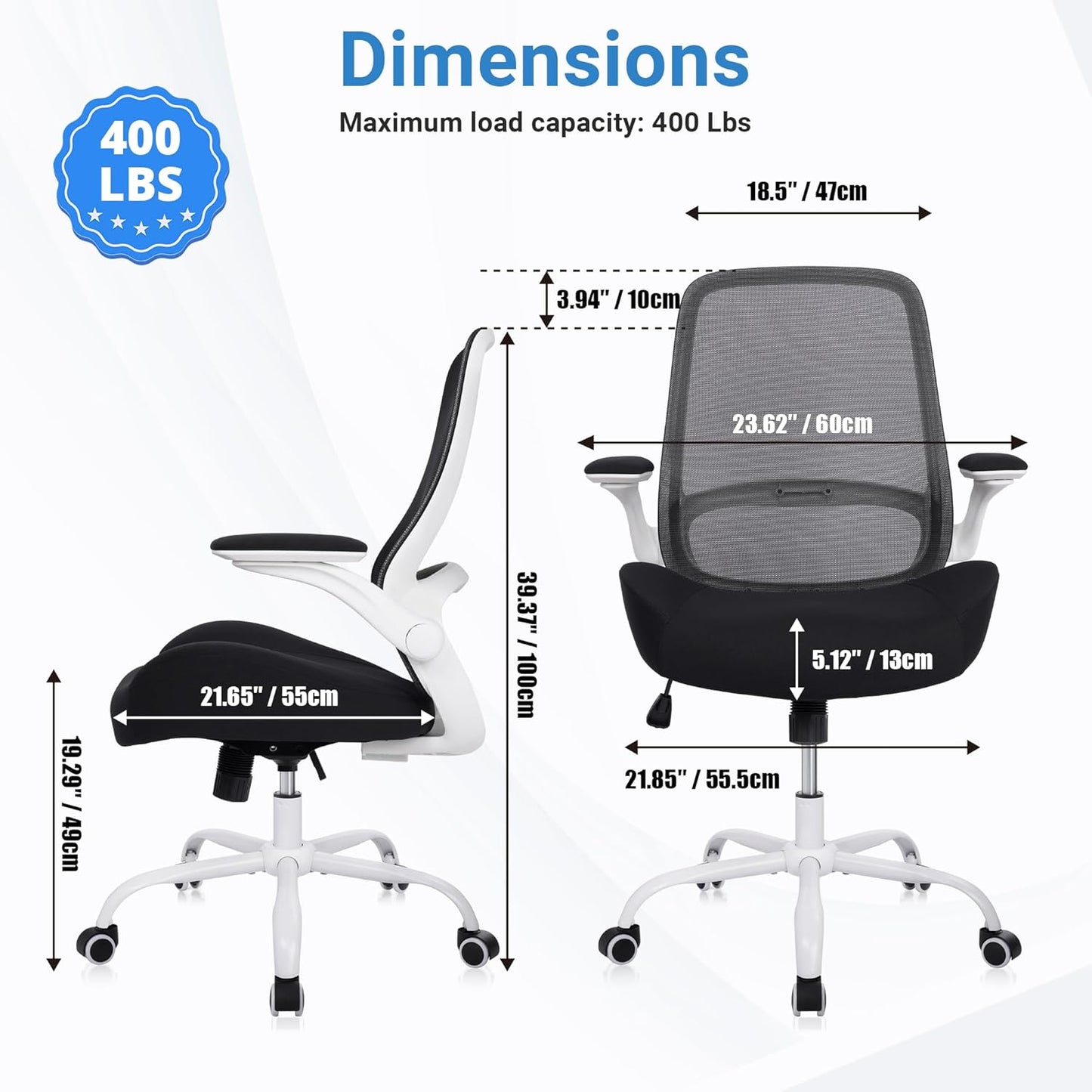 HYLONE Heavy Duty Office Chair, 5" Thickened Seat Ergonomic Desk Chair with Adjustable Armrests, Home Office Computer Chairs for Long Hours Mesh Executive Chair(White Base & Black)