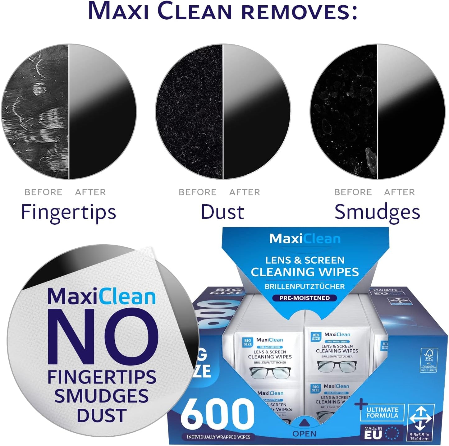 Glasses Wipes Lens Cleaner - Lens Wipes for Eyeglasses - 600 Pre-moistened Individually Wrapped Wipes for Eye Glasses, Electronics, Phone, Computer, Laptop Screen - Camera Lens Cleaner - Made in EU