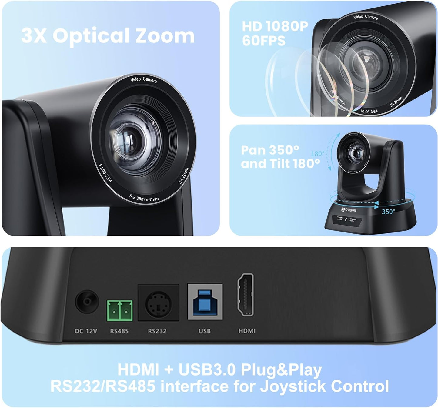 3X Optical Zoom PTZ Camera HDMI USB 3.0 1080P 60fps 114-Degree Wide-Angle for Video Conference Business Meeting Live Streaming Online Learn with Zoom YouTube Teams OBS and More