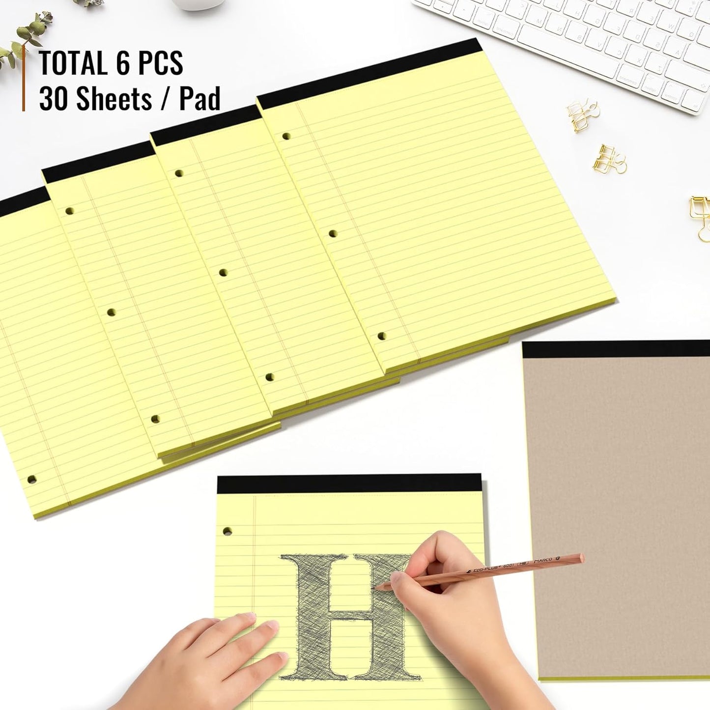 HAUTOCO 8.5 x 11 Legal Pads 6 Pack Yellow Wide Ruled Lined Writing Note Pads Perforated Notepad, 30 Sheets Per Notepad, 3-Hole Punched Paper for School, Office