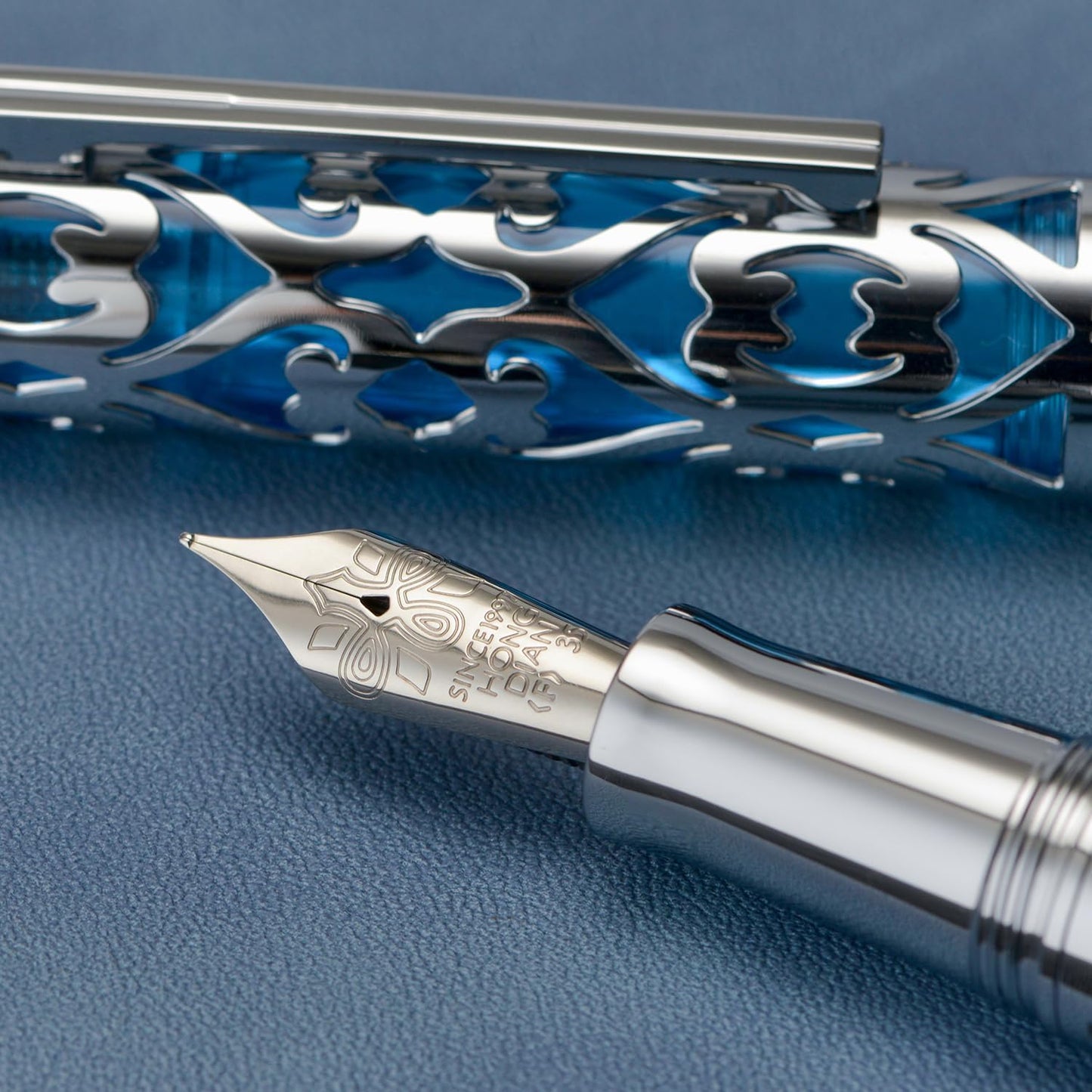 Hongdian D1 Piston Fountain Pen Fine Soft Nib, Silver Blue Hollow Skeleton & Resin Pen with Metal Case Set