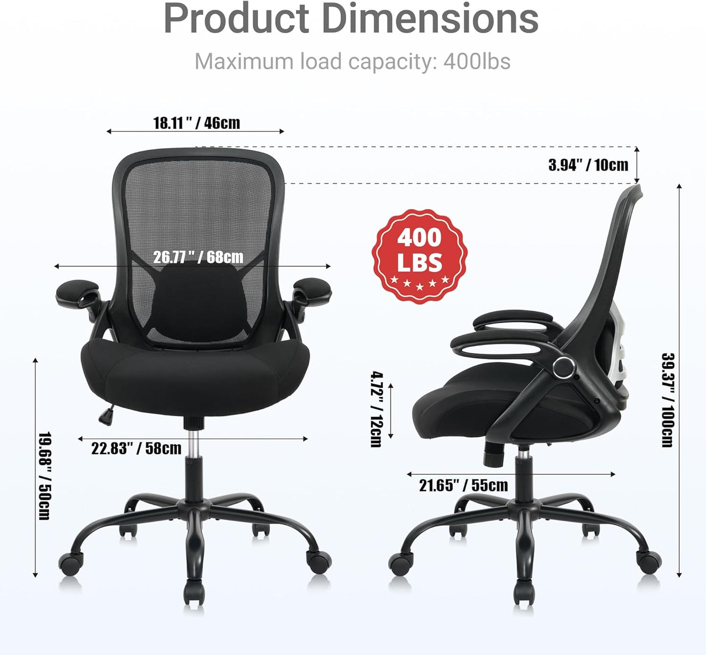 HYLONE Big and Tall 400lbs Heavy Duty Office Chair, 5" Thickened Seat Ergonomic Desk Chair with Adjustable Armrests, Home Office Computer Chairs for Long Hours Mesh Executive Chair(Black)