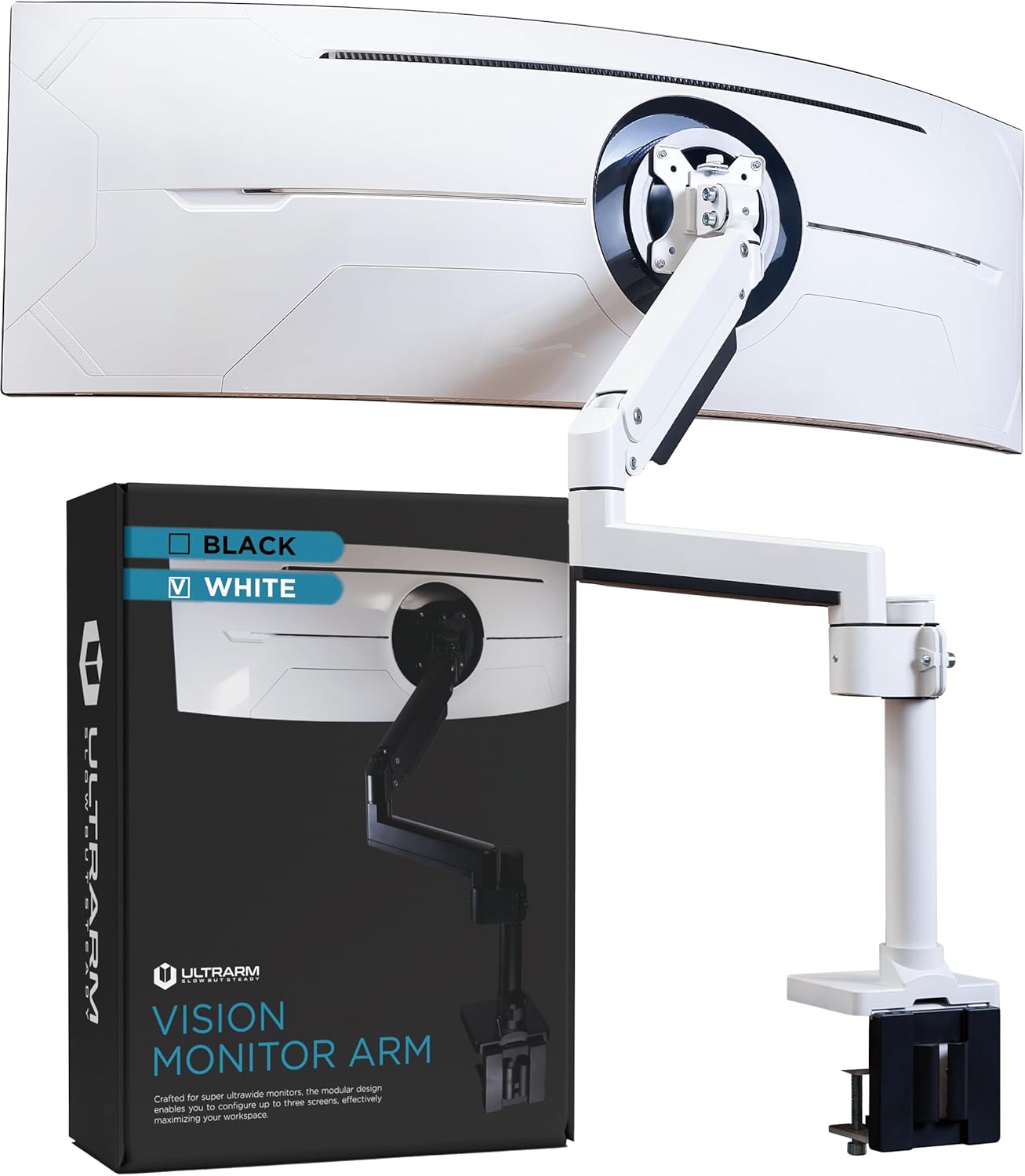 Heavy Duty Monitor Arm for Ultrawide Monitors up to 57" and 44 lbs, Single Desk Stand, Pneumatic Height Adjustable, Modular Extension Arms - Max VESA 100x100, White, MA20PW-S