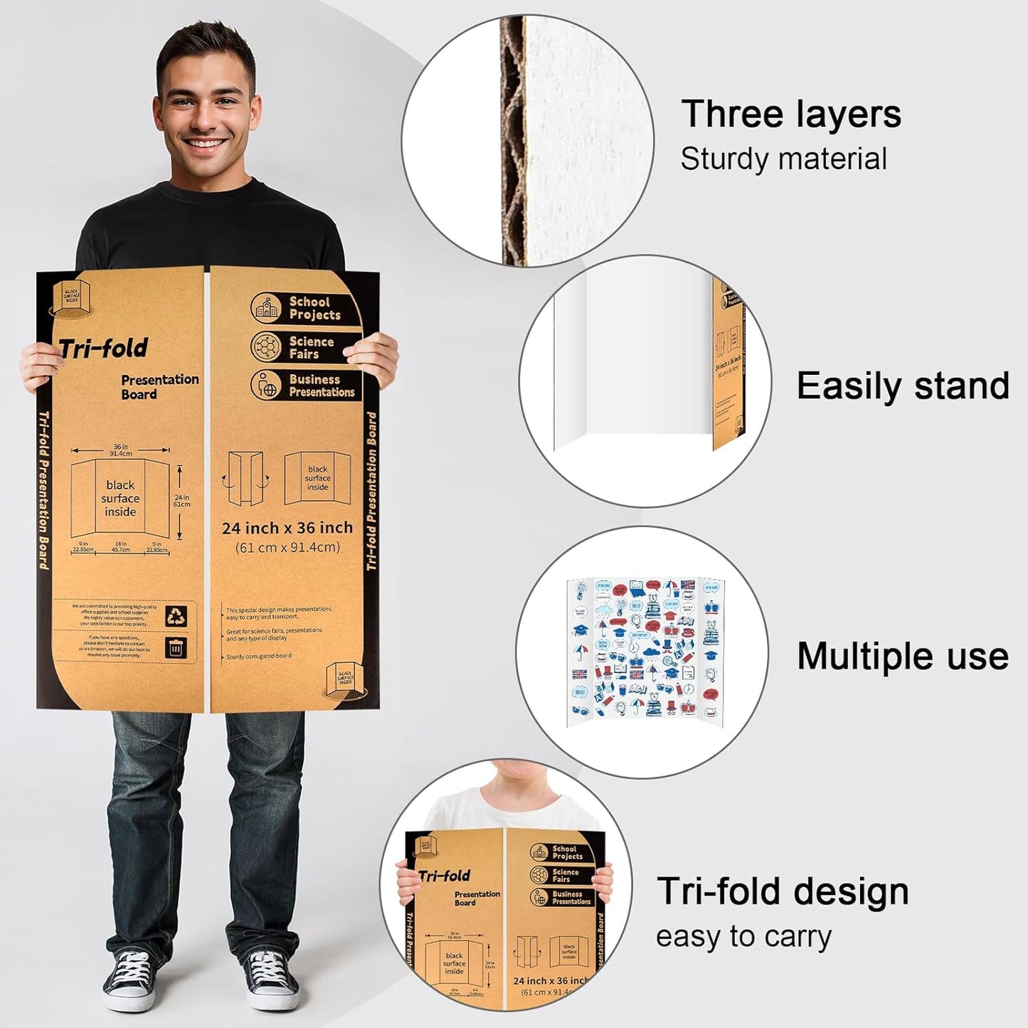 4 Pack Trifold Poster Board 24" X 36", IKAYAS Single sided White Tri-fold Poster Boards, Science Fair Display Boards Posterboard Foamboard for Mounting, Art, Display, Projects Classroom Supplies
