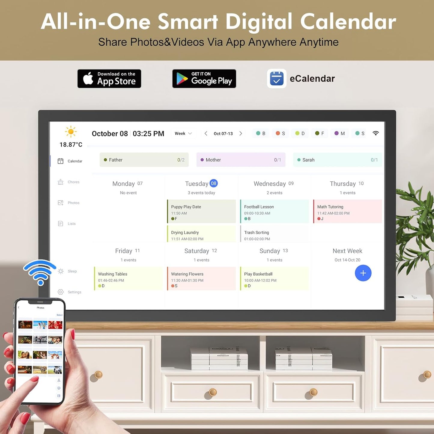 24" Smart Digital Calendar for-Family-Meal-Planner - Electronic Calendars for Chore Chart, Interactive Touchscreen Display for Family Schedules, Auto-Sync Google iCloud Outlook, Wall Mountable for Mom