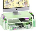 Desk Organizers and Accessories, 2-Tier Computer Monitor Stand Riser with Drawer and 2 Pen Holders, Laptop Stand, Office Desk Accessories for Office Supplies, Green