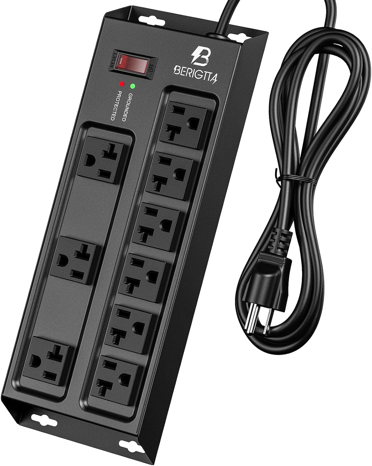 Heavy Duty Metal Power Strip, 20 AMP Surge Protector with 9 Outlets, 12 Gauge Industrial Strength for Shop & Garage Use, 6 FT Extension Cord Included, Durable T-Slot Design (6FT)