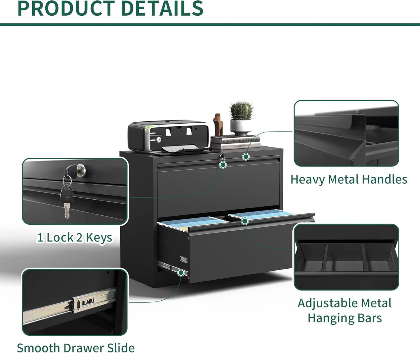 2 Drawer Lateral File Cabinet, Metal File Cabinets for Home Office Legal/Letter A4 Size, File Cabinet with 2 Drawer Storage Cabinet, Require Assembly, Black