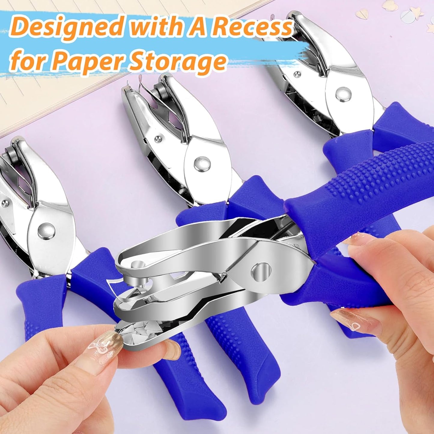 4 Packs Shape Hole Punch Set - 1/4" Circle, Heart, Star, Triangle Puncher with Soft Grip for Binder, Scrapbooking, Cards | Paper Craft Tools with Storage Slot & Reinforcement Stickers (Blue)