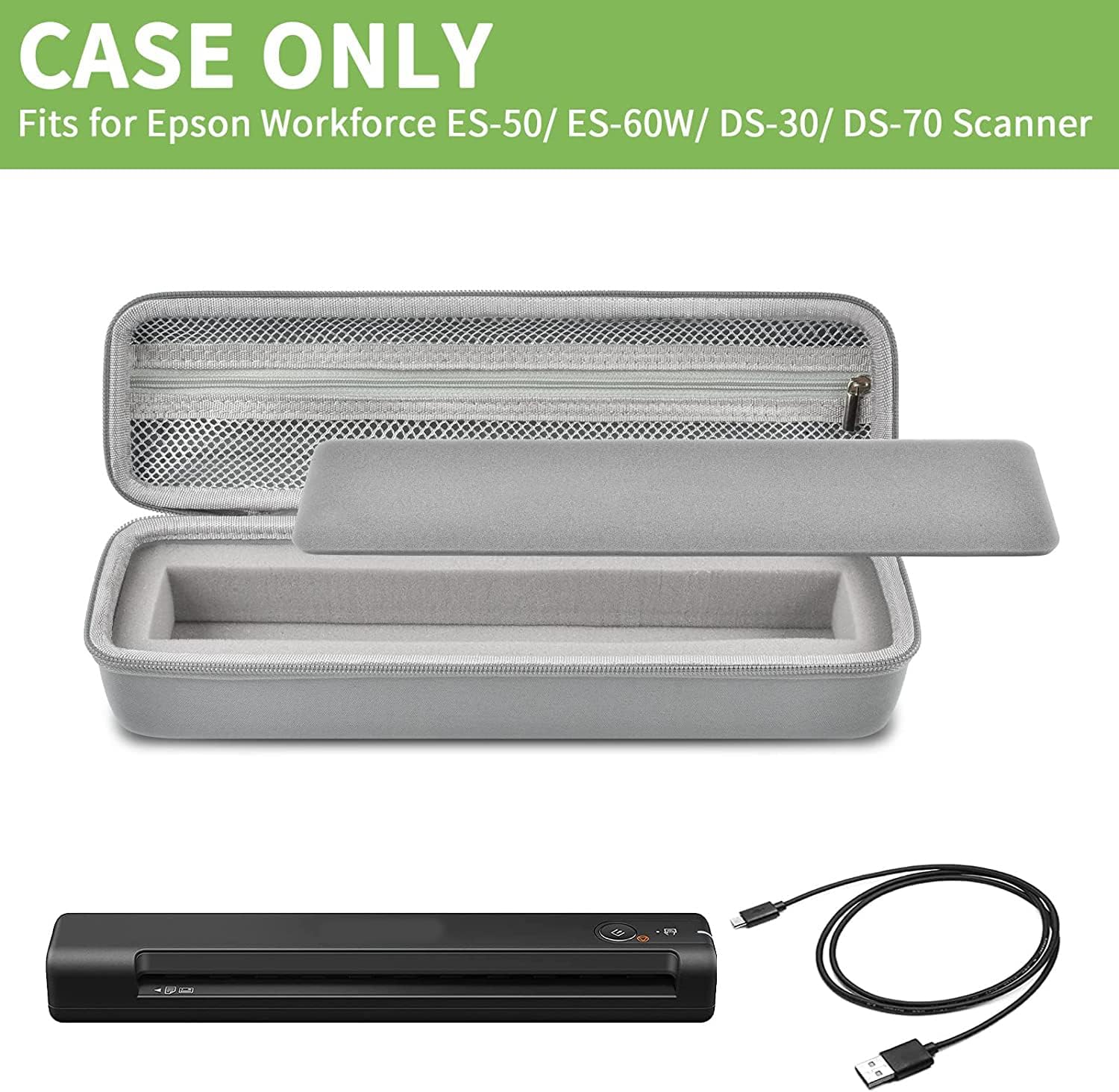 ALKOO Case Compatible with Epson Workforce ES-50/ ES-60W/ ES-55R/ ES-65WR/ DS-30/ DS-70/ DS-80W Portable Sheet-Fed Document Scanner, Storage for Epson Scanner for PC and Mac- Grey (Box Only)