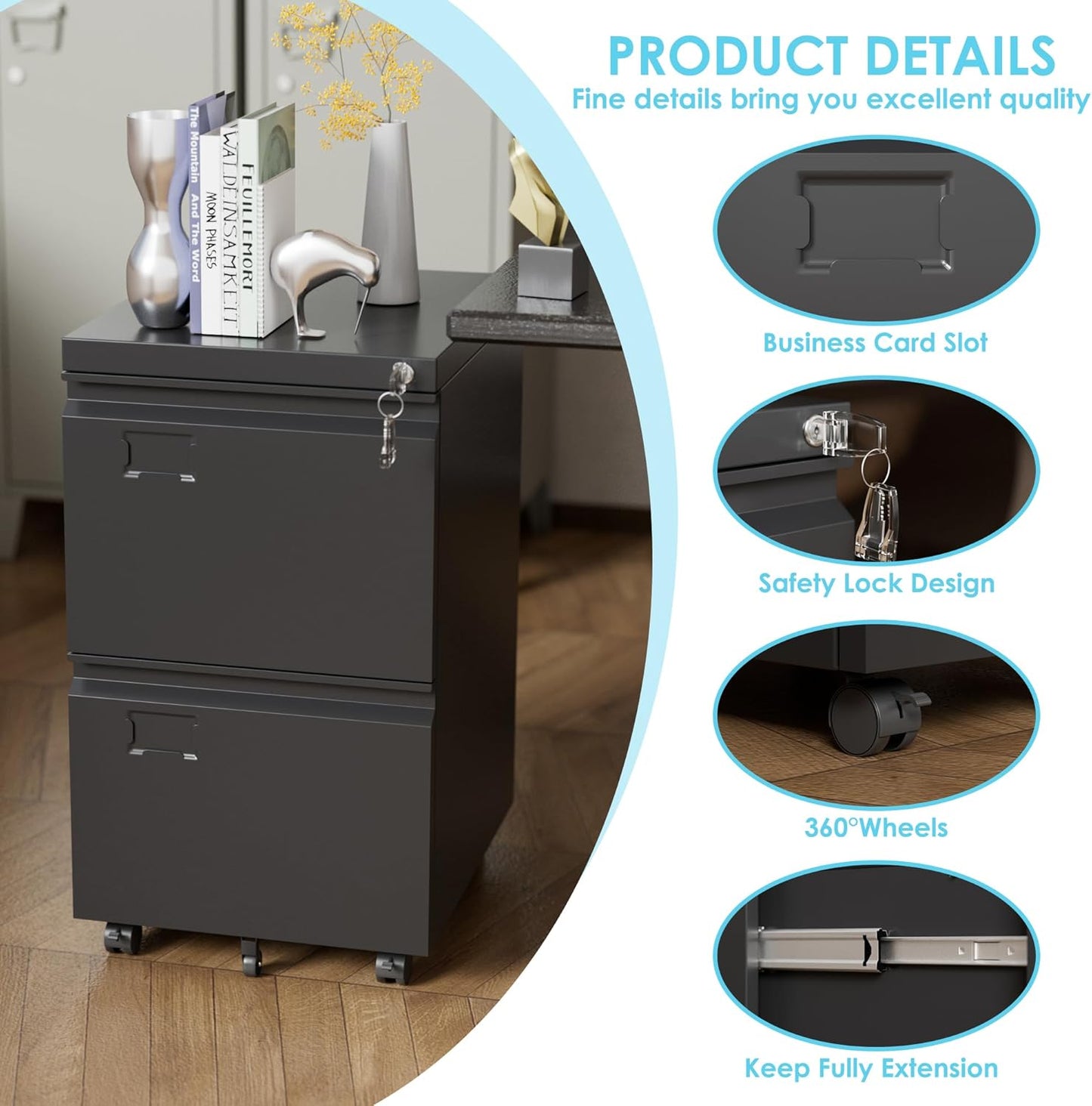 2 Drawer Mobile File Cabinet with Lock,Under Desk Metal Filing Cabinets for Home Office Fits Letters/Legal/A4 Size Folder, Assembly Required, Black