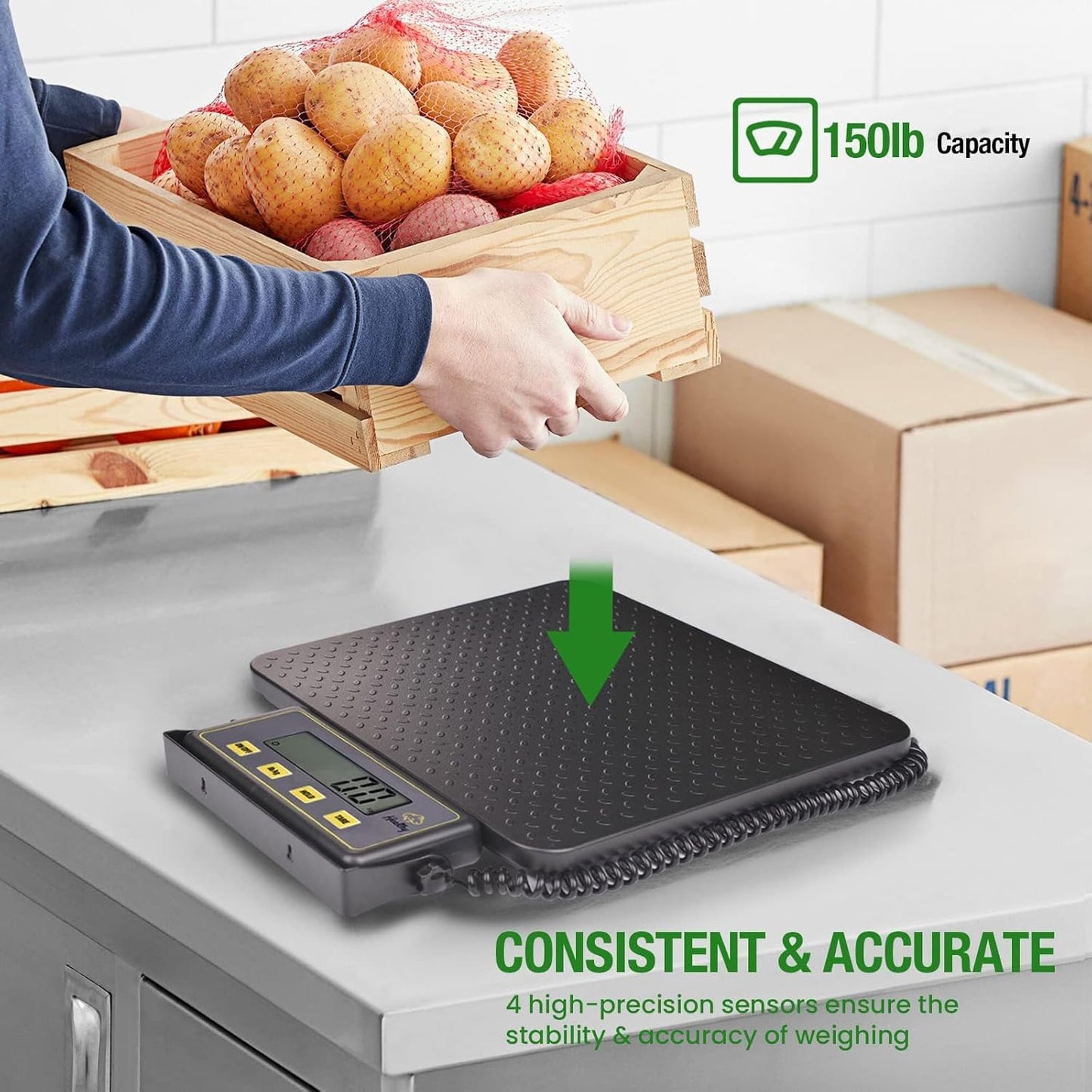 150lbs Commercial Scale Digital Receiving Scale with Anti-Slip Aluminum Platform, High Accuracy Food Scale with Hold/Tare/Auto-Off, Kitchen Scale with LCD Display for Restaurant/Cater