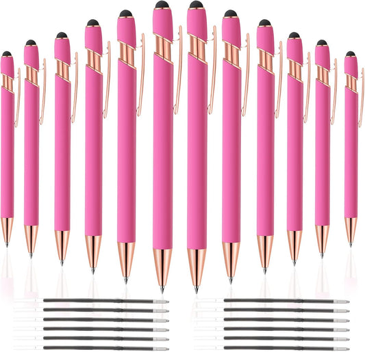 12 PCS 2 in 1 Stylus Ballpoint Pen with Stylus Tip, 1.0 mm Black Ink Metal Pen Stylus Pen for Touch Screens (Rose Gold & Pink)