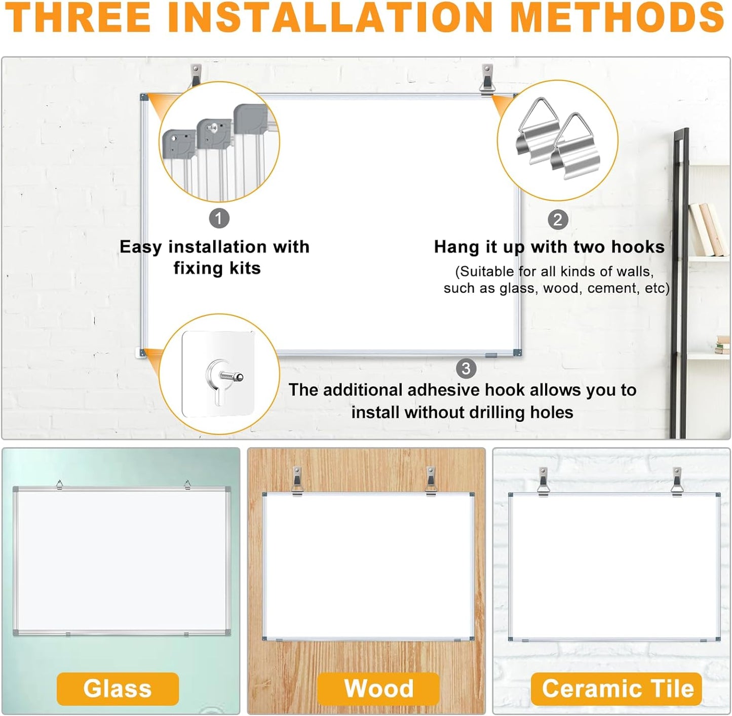 H-Qprobd White Board Dry Erase Whiteboard for Wall 24x18 (2pcs) Magnetic Boards for Office Classroom & Home, Small Wall Whiteboard Including 6 Markers, 10 Magnets, 2 Erasers & 10 Adhesive Hooks