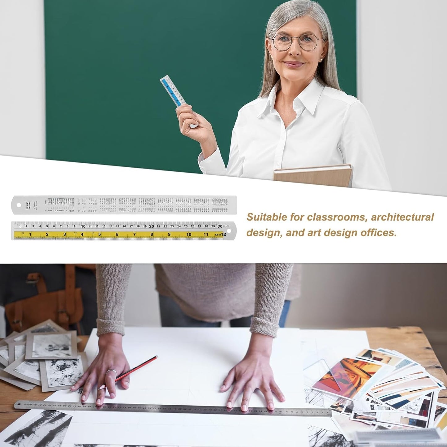 HARFINGTON 2pcs Metal Straight Ruler 30cm Metric SAE Aluminum Alloy Measuring Rulers Scale Tool with Hole for Measure Study Reading Classroom Office, Yellow