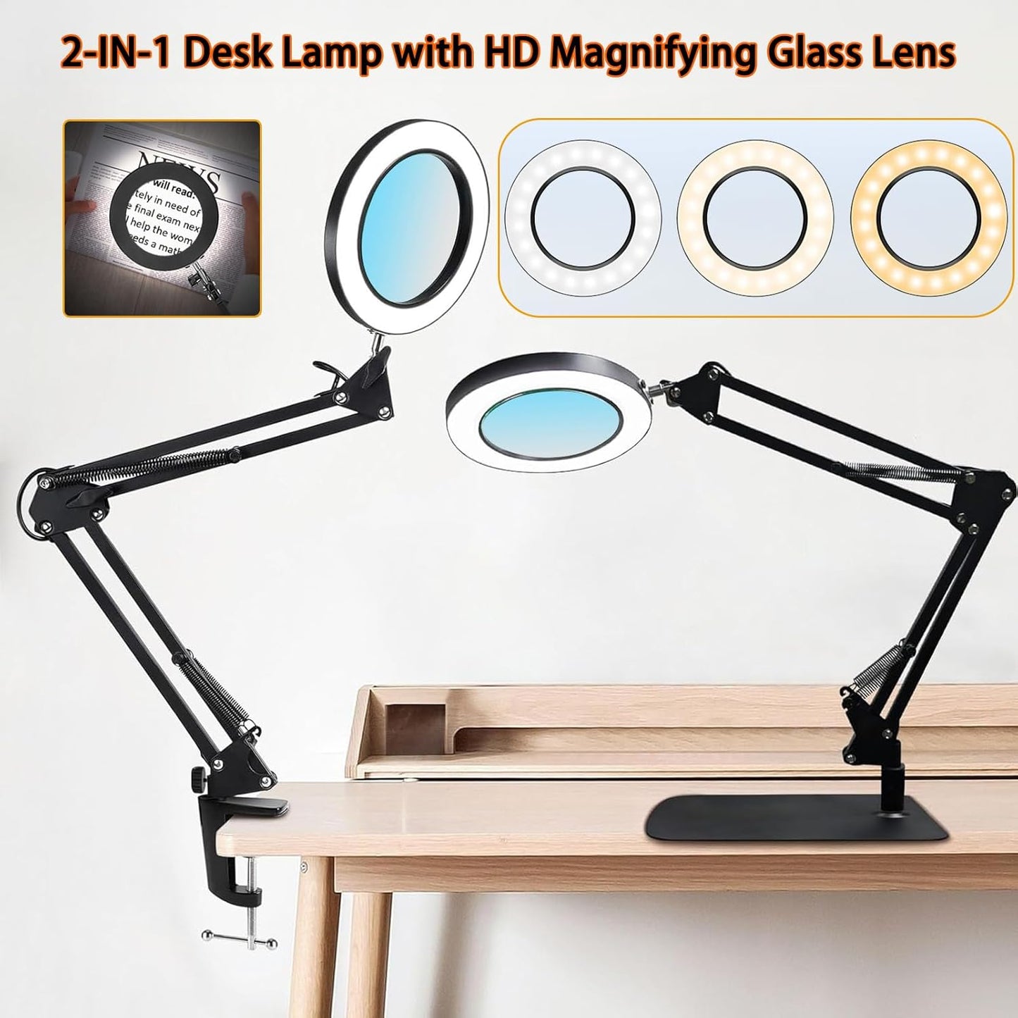 15X Magnifying Glass Lamp with Clamp and Stand, 72 LEDs Desk Lamp with 3 Color Temperatures and 10 Levels Adjustable Brightness for Diamond Art Accessories Hobbies Crafts Reading Close Work Magnifier