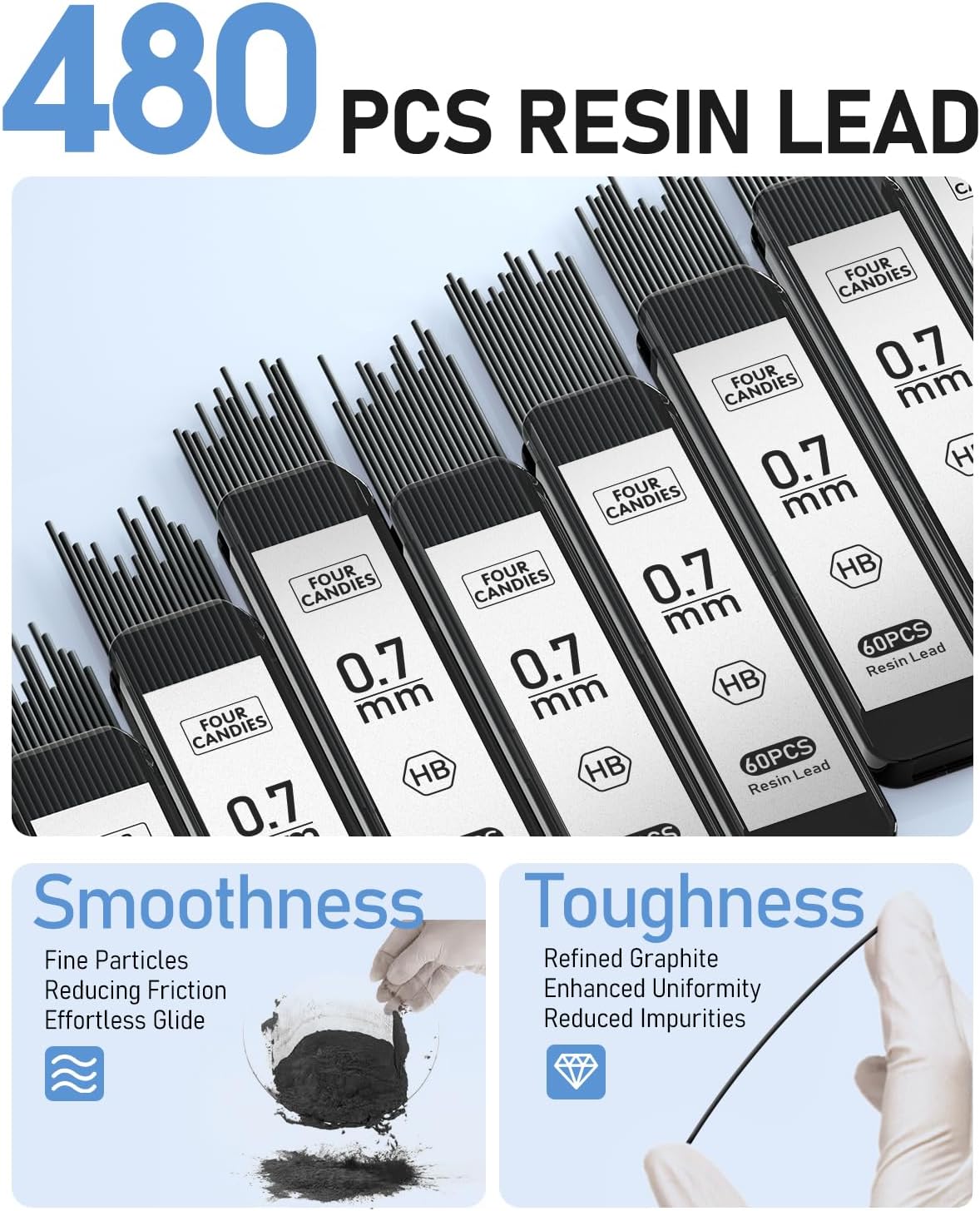 Four Candies 0.7mm Mechanical Pencil Set with Case, 3PCS Metal Artist Lead Pencil with 8 Tubes (480PCS) HB Lead Refills, 3 Erasers, 9 Eraser Refills For Engineer Art Writing Drawing Drafting, Silver