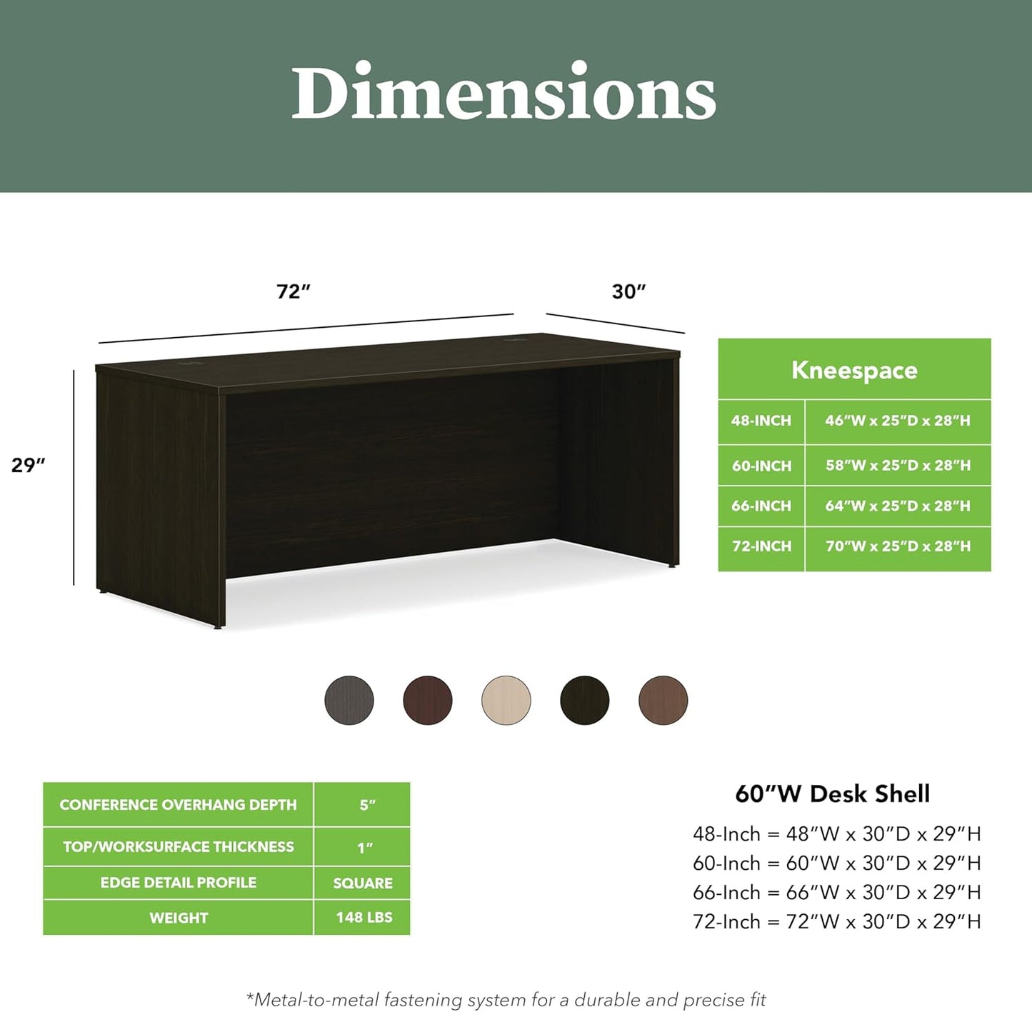 HON MOD Executive Desk 72-Inch Large Computer Desk Shell, Thick Wooden Laminate, Modern Table with Cord Management, 72" W x 30" D x 29" H, Java Oak