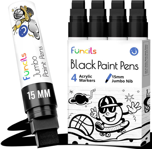 4 Jumbo Black Poster Markers - 15mm Fat Acrylic Paint Markers for Wood, Rock Painting, Plastic, Glass, Metal, Walls, Fabric - Large Thick Permanent Paint Pens for Signs, Board, Teachers