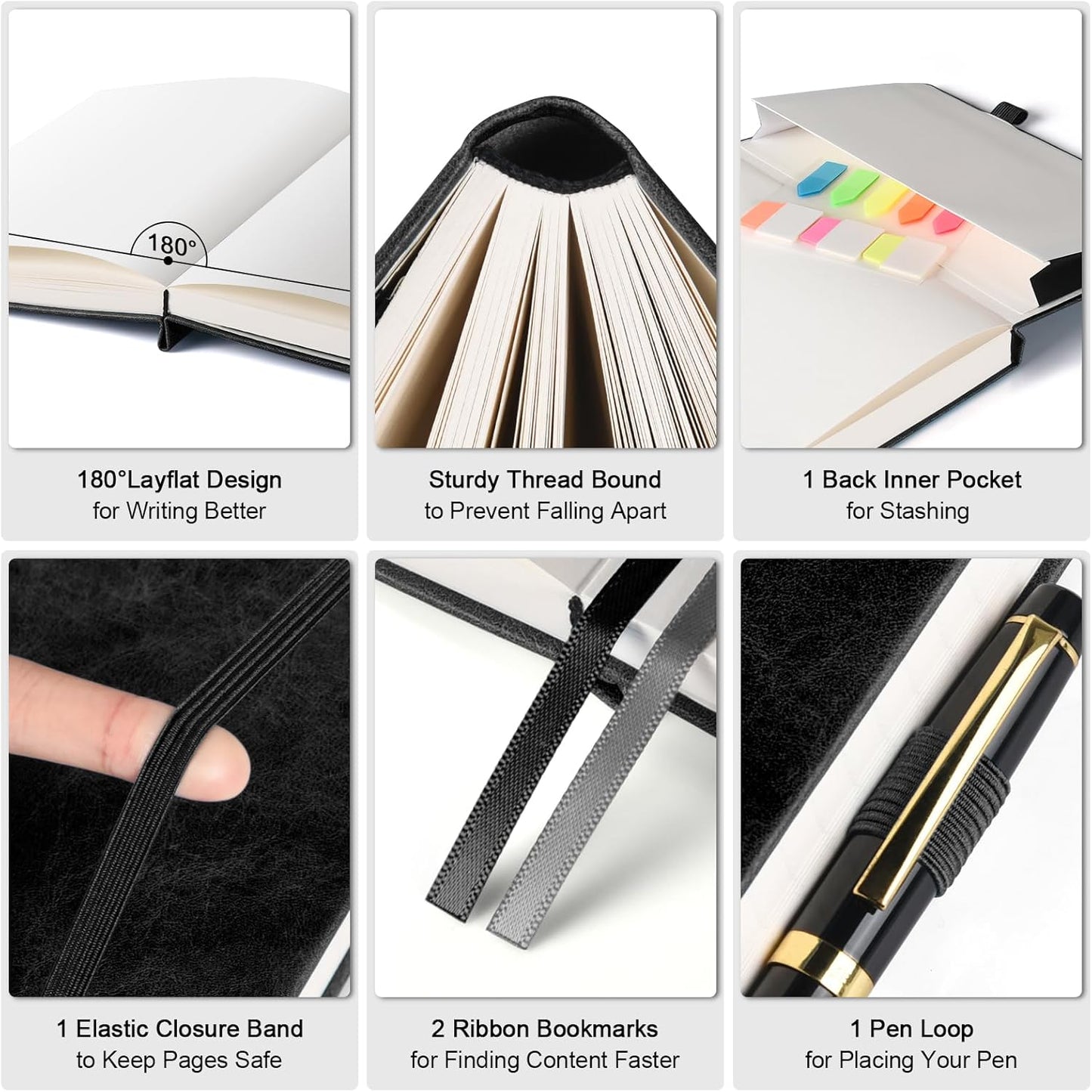 Graph Paper Notebook, 312 Numbered Pages Large A5 Hardcover Leather Journal, 100gsm No Bleed Grid Paper Notebook with Index Pages, Grid Notebook for Graphing Notes Math, 5.75" x 8.38", Black