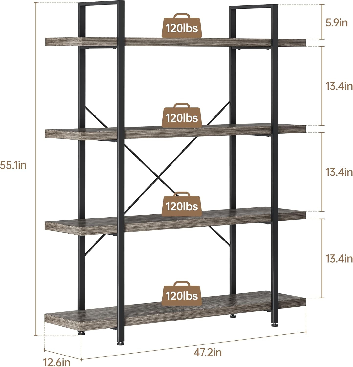 Heavy Duty 4-Tier Industrial Bookcase, 47" Wide Wood Bookshelf for Home Office, 120lbs Shelf Capacity, Rustic Shelving Display with Reinforced Horizontal Shelf for Living Room Bedroom,Grey