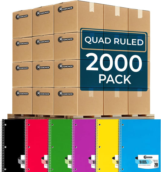 2000 Packs (Pallet) 1 Subject Notebooks, Spiral Notebook Bulk, Quad Ruled, Pallet of Notebooks, 70 Sheets (140 pages), 8 x 10-1/2", Bulk Spiral Notebooks for School & Office, 4-7 Days Transit