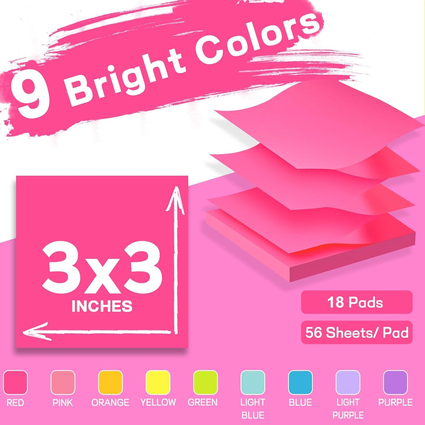 (18 Pads) Pop Up Sticky Notes 3x3 Refills, Strong Adhesive Memo Pad Bulk with 9 Bright Colors, Suitable for Home, Office, School, Clean Removal