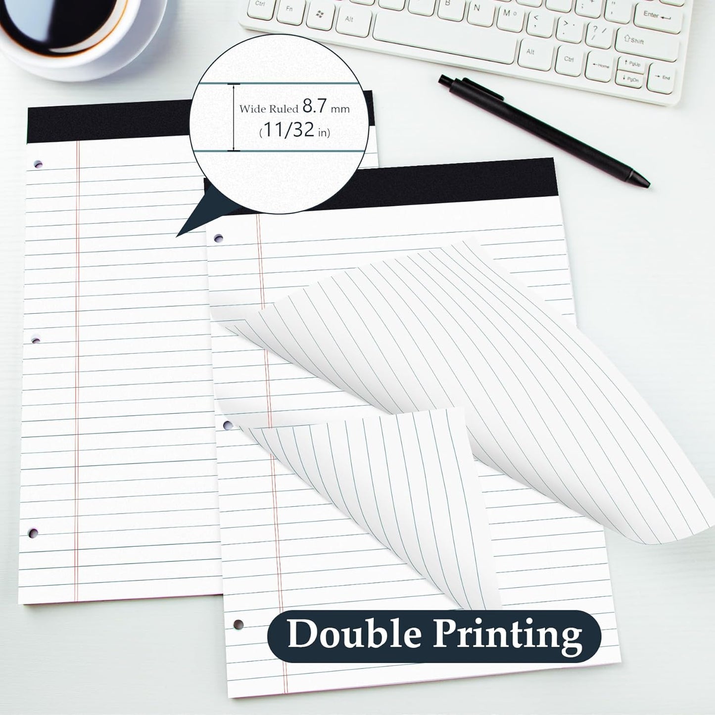 HAUTOCO 6 Pack 8.5 x 11 Legal Pads White Wide Ruled Notepads Perforated Writing Pads, 30 Sheets Per Notepad, 3-Hole Punched Paper, Writing Note Pads for School, Home, Office, Business