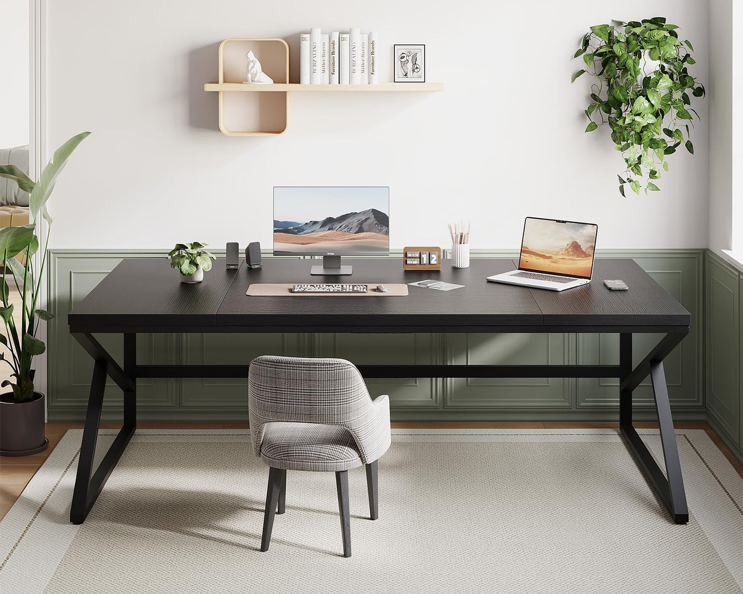 HSH Extra Long Black Computer Desk, 78 inch Large Home Office 2 person Desk, Industrial Metal Wood double Desk for Executive Work Writing Study, Modern Black Bedroom Living Room PC Laptop Gaming Table