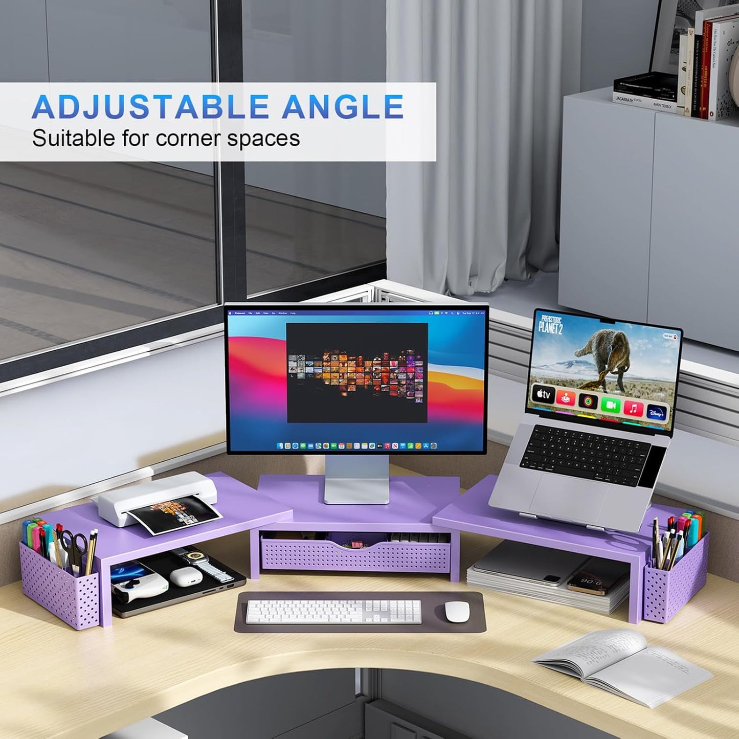 gianotter Dual Monitor Stand Riser, Desk Organizer With Drawer and 2 Pen Holders, Desk Organizers and Accessories, Purple Office Decor (Purple)