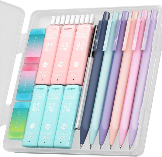 Four Candies Cute Mechanical Pencil Set, 6PCS Pastel Mechanical Pencils 0.5 & 0.7mm with 360PCS HB Leads, 3PCS Erasers and 9PCS Eraser Refills, Aesthetic School Supplies for Girls Writing