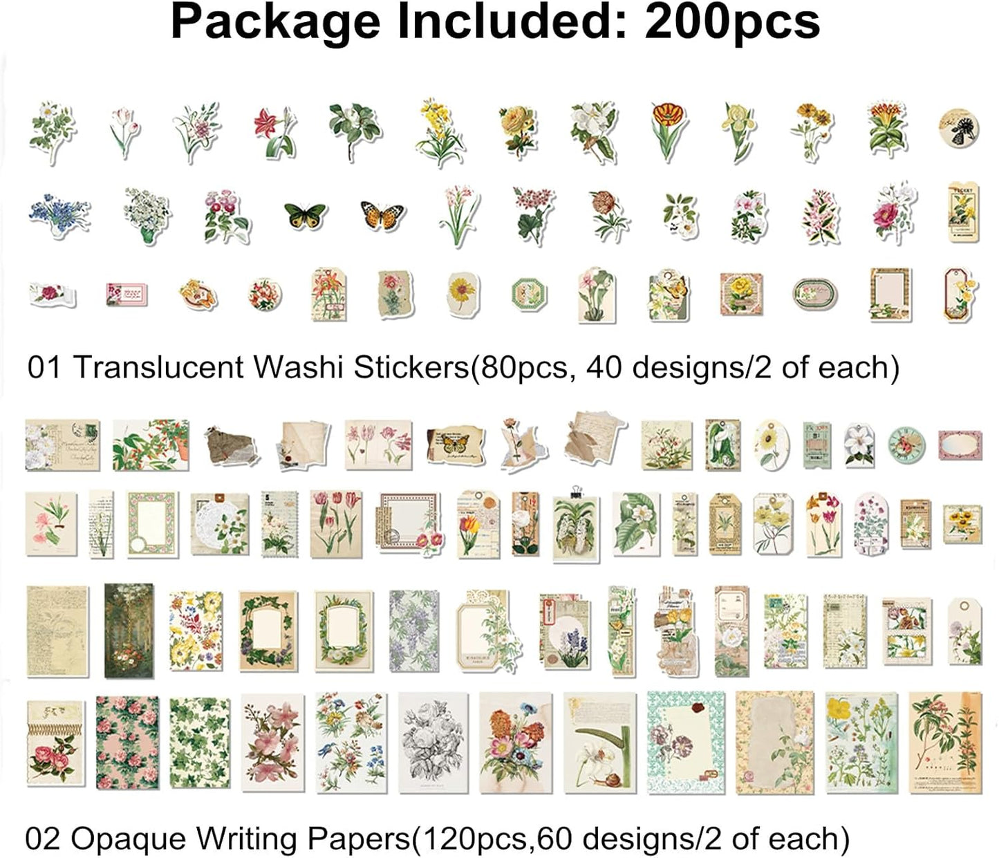 200PCS Vintage Scrapbooking Supplies Pack, Aesthetic Scrapbook Sticker Paper Art Journaling Kit for Bullet Junk Journals,Planner,Cottagecore Decor Gifts (Floral)