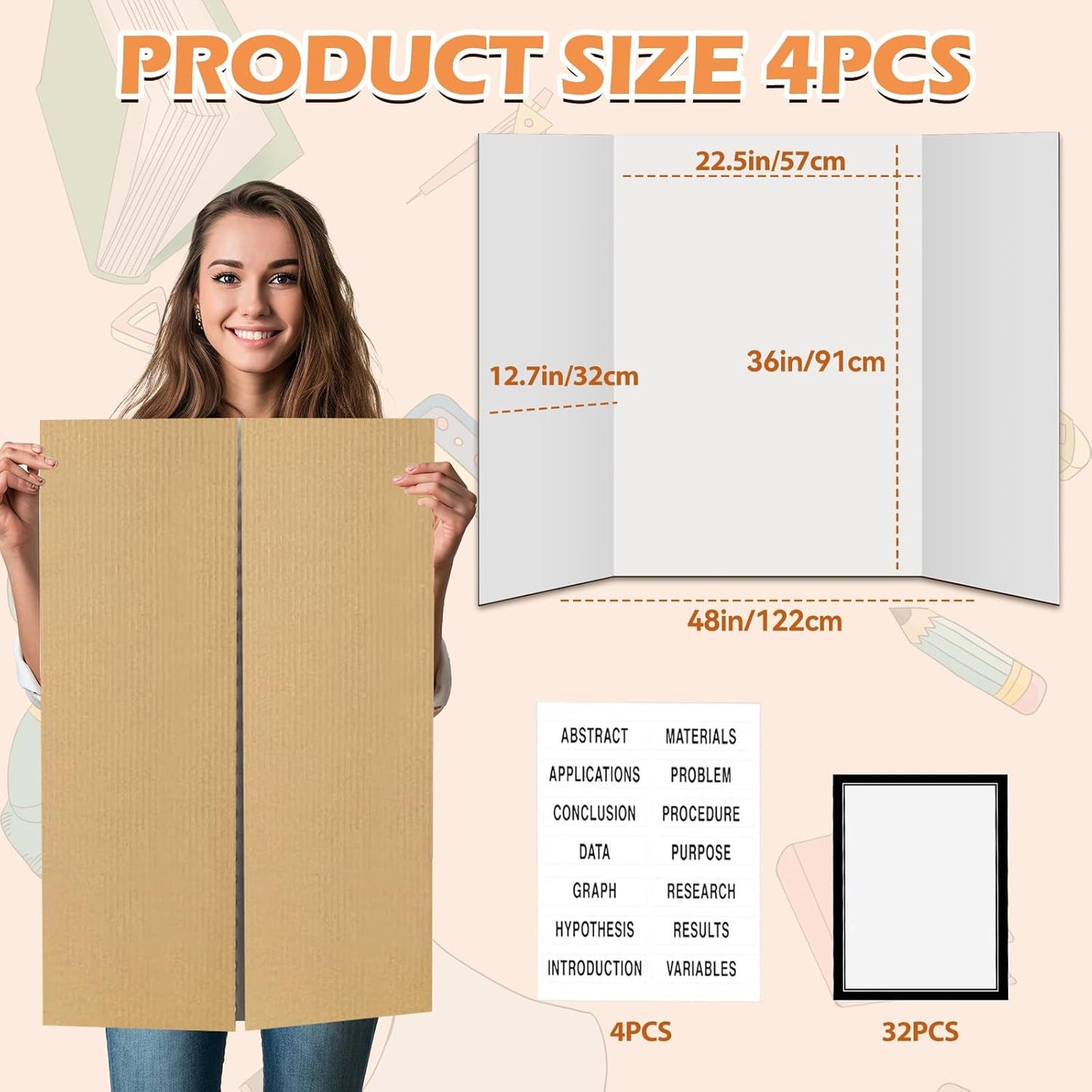 4 Pcs Trifold Display Board 36"x 48" Large White Presentation Board with Board Headers 4 Science Subtitles 32 Black Edge Self Adhesive Paper Poster Board for School Projects and Business Presentations