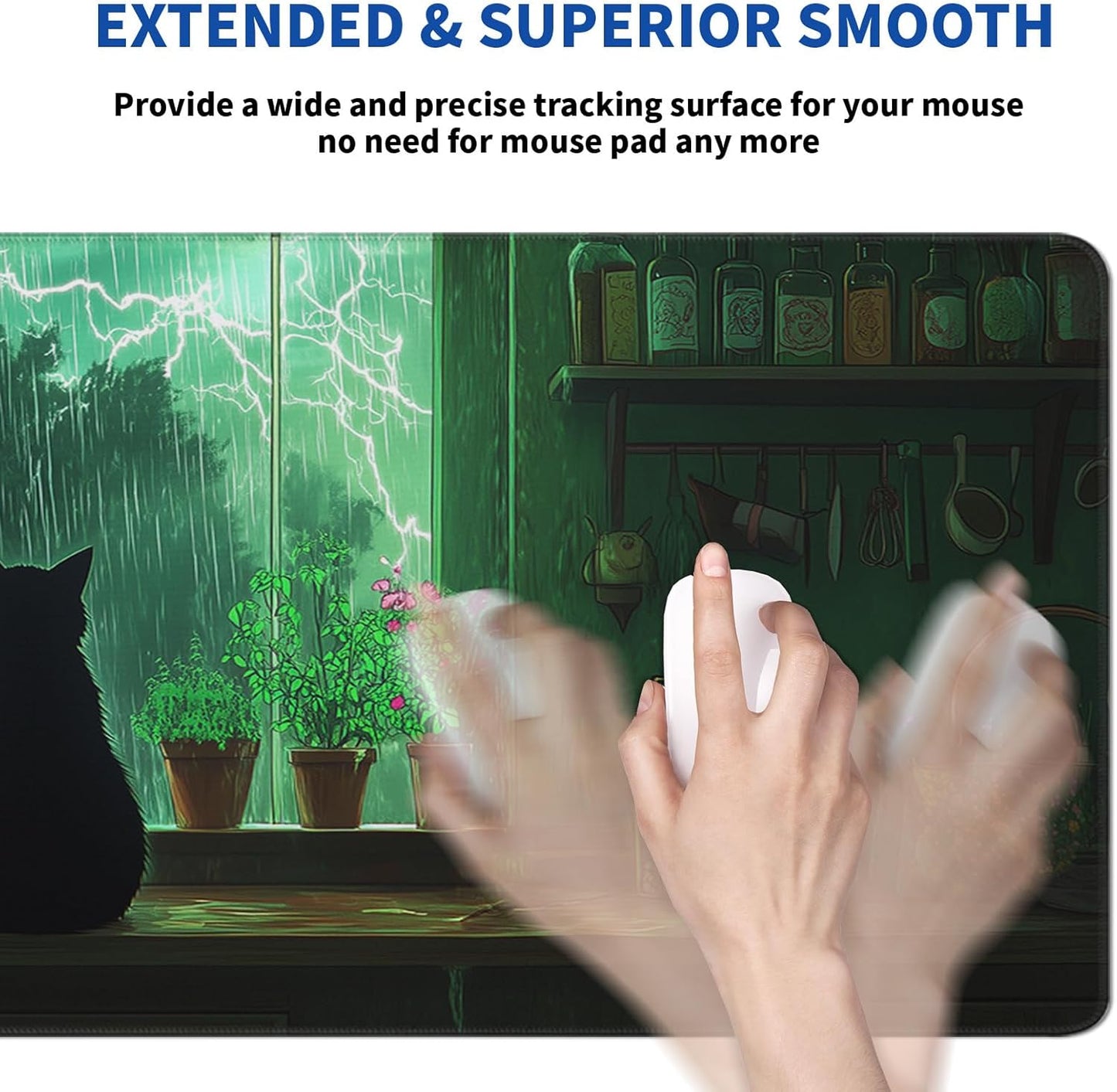 Green Black Cat Mouse Pad Abstract Big Mouse Pad 31.5x11.8 Inch Cat Texture Non-Slip Rubber Base Large Mousepad Stitched Edges Keyboard Mouse Mat Desk Pad for Office and Home