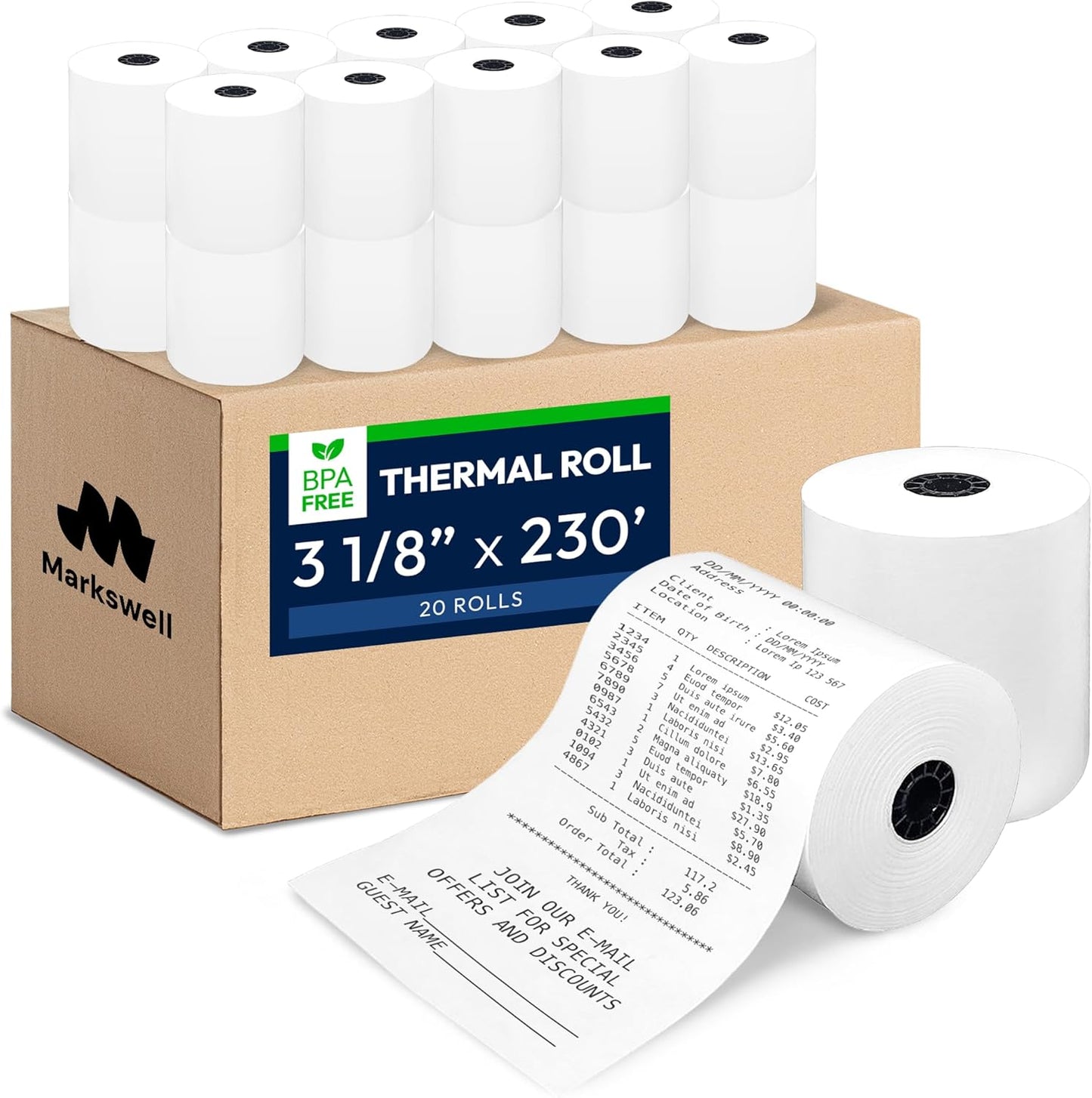 3 1/8" x 230' Thermal Paper (20 Rolls), BPA Free Receipt Paper, Fits Most Credit Card Machines POS & Cash Registers, High Compatibility, Bright White, Honeycomb Core, Durable Printing
