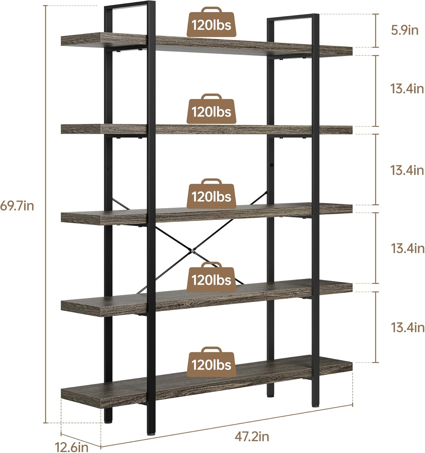 Heavy Duty 5-Tier Industrial Bookcase, 47" Wide Wood Bookshelf for Home Office, 120lbs Shelf Capacity, Rustic Shelving Display with Reinforced Horizontal Shelf for Living Room Bedroom,Grey