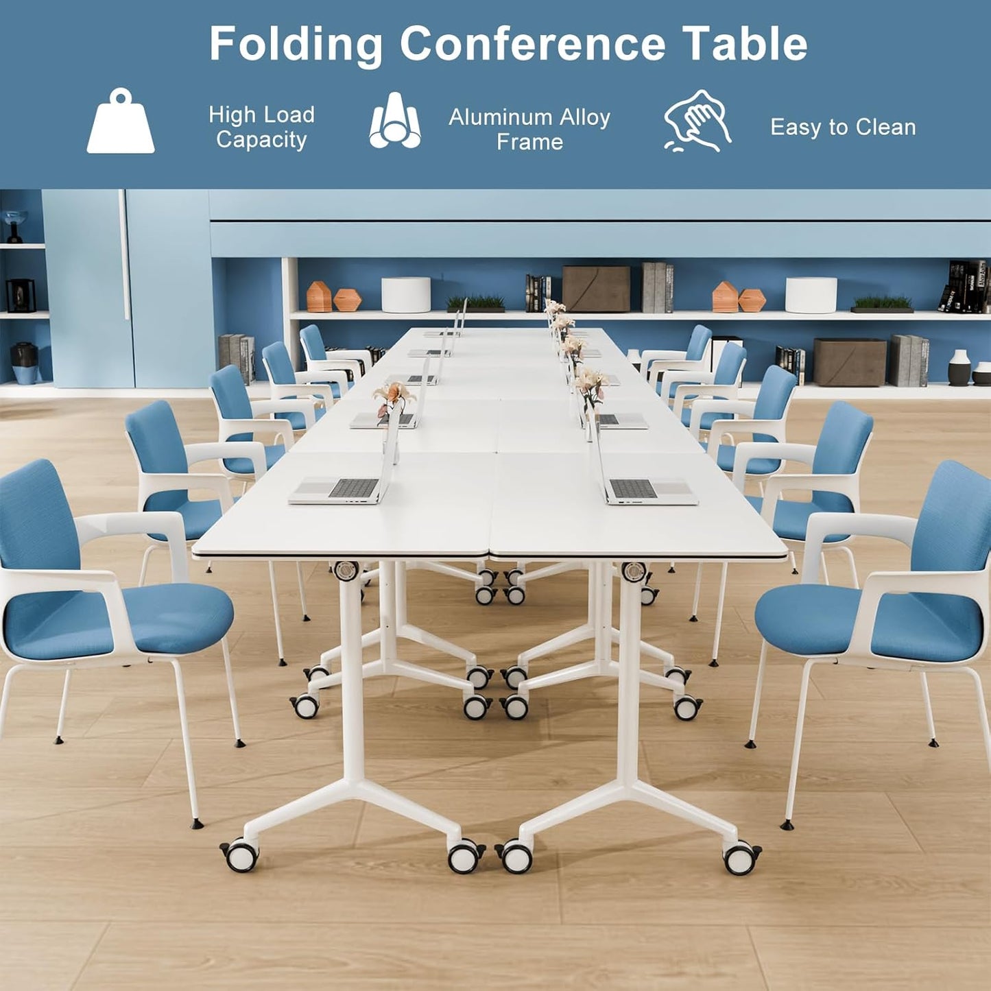 2Pack Folding Conference Room Table, Modern Conference Tables with Silent Wheels, Large Rectangular Mobile Training Tables for Office Classroom, Foldable Modular Seminar Table White (L70.9in)