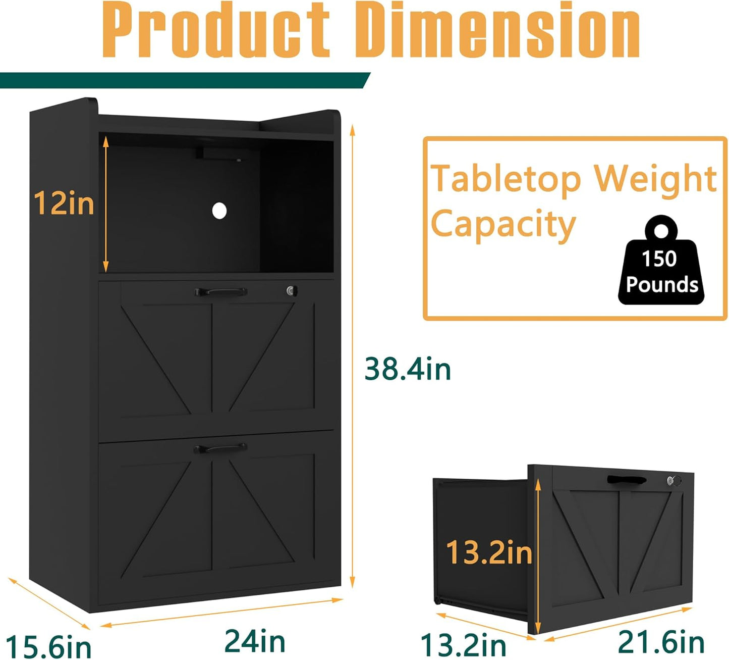 2 Drawer Lateral File Cabinet with Charging Station, Wood Filing Cabinet with Lock & LED Light, Large Storage Printer Stand for Home Office, Black