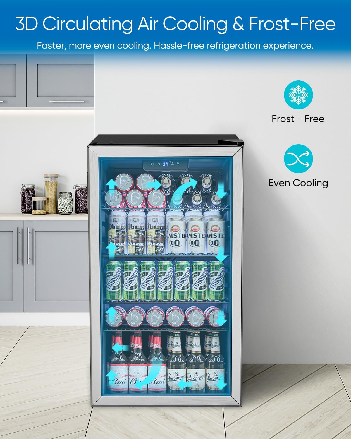 3.2 Cu.Ft Mini Fridge with Glass Door - 126 Can Beverage Refrigerator Cooler for Drink Beer Wine Soda, Small Refrigerator for Bedroom Office Bar Dorm, 4 Adjustable Shelves, Silver