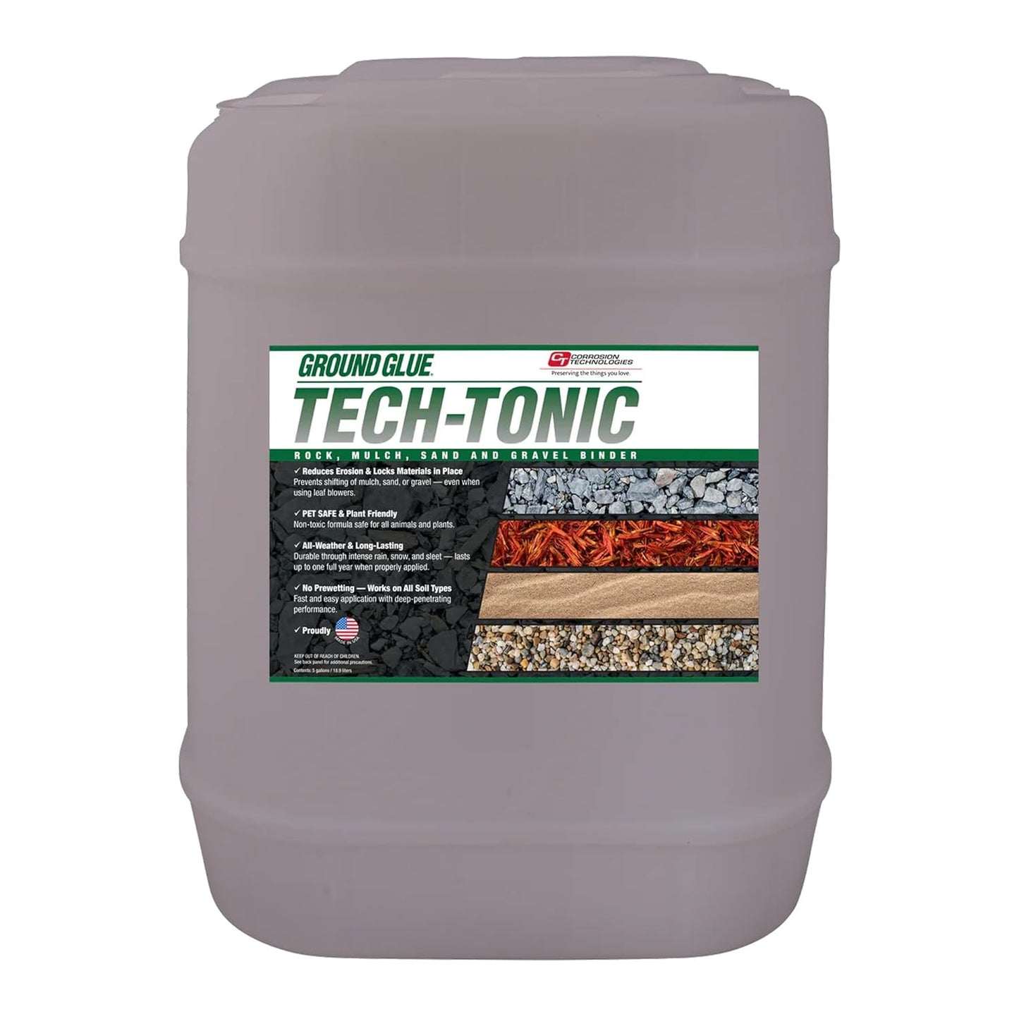 Ground Glue Tech-Tonic Landscape Adhesive for Rock, Mulch, and Sand, Weatherproof Long-Lasting Stabilizer for Trails & Slopes, Pet-Safe Binder for Pea Gravel, Bark & Flower Beds, 5 Gallon Tote