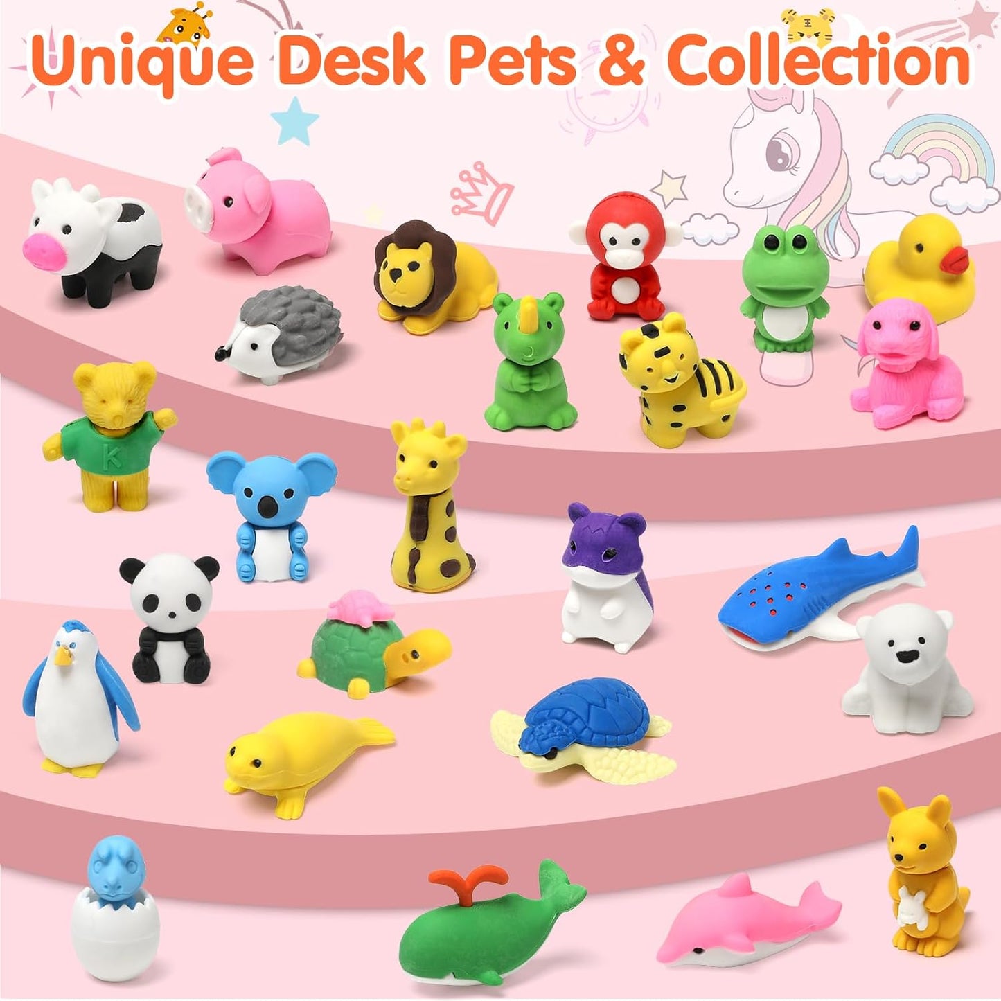 34 Pack Animal Pencil Erasers for Kids, 3D Mini Puzzle Take Apart Erasers, Desk Pets & Treasure Box Toys, Bulk Party Favors, Classroom Prizes, School Supplies, Gift for Boys & Girls