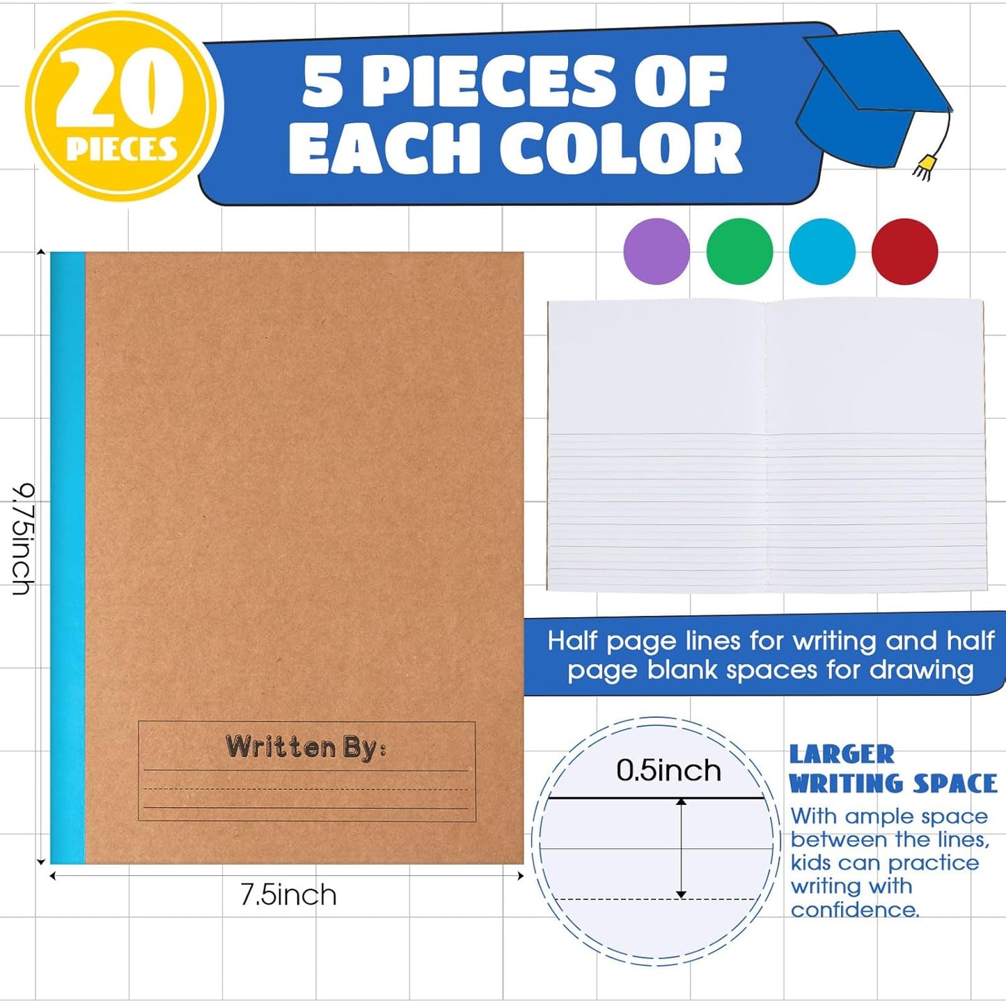 Henoyso 20 Pcs Primary Composition Notebook 9 3/4 x 7 1/2 Inch Kids Journal, Back to School Supplies, K-2 Primary Writing Notebook for Kids Student Draw and Write Story Journal (Fresh Color)