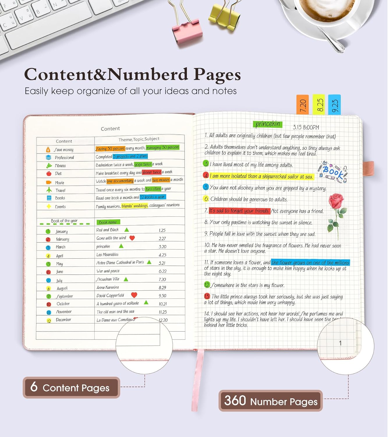 Graph Paper Notebook Journal, 360 Numbered Pages Grid Notebooks, Thick 100gsm Graphing Paper Notebook for Women Men, A5 Large Hardcover Leather Graph Journals for Writing Math 5.75'' × 8.38'' Pink