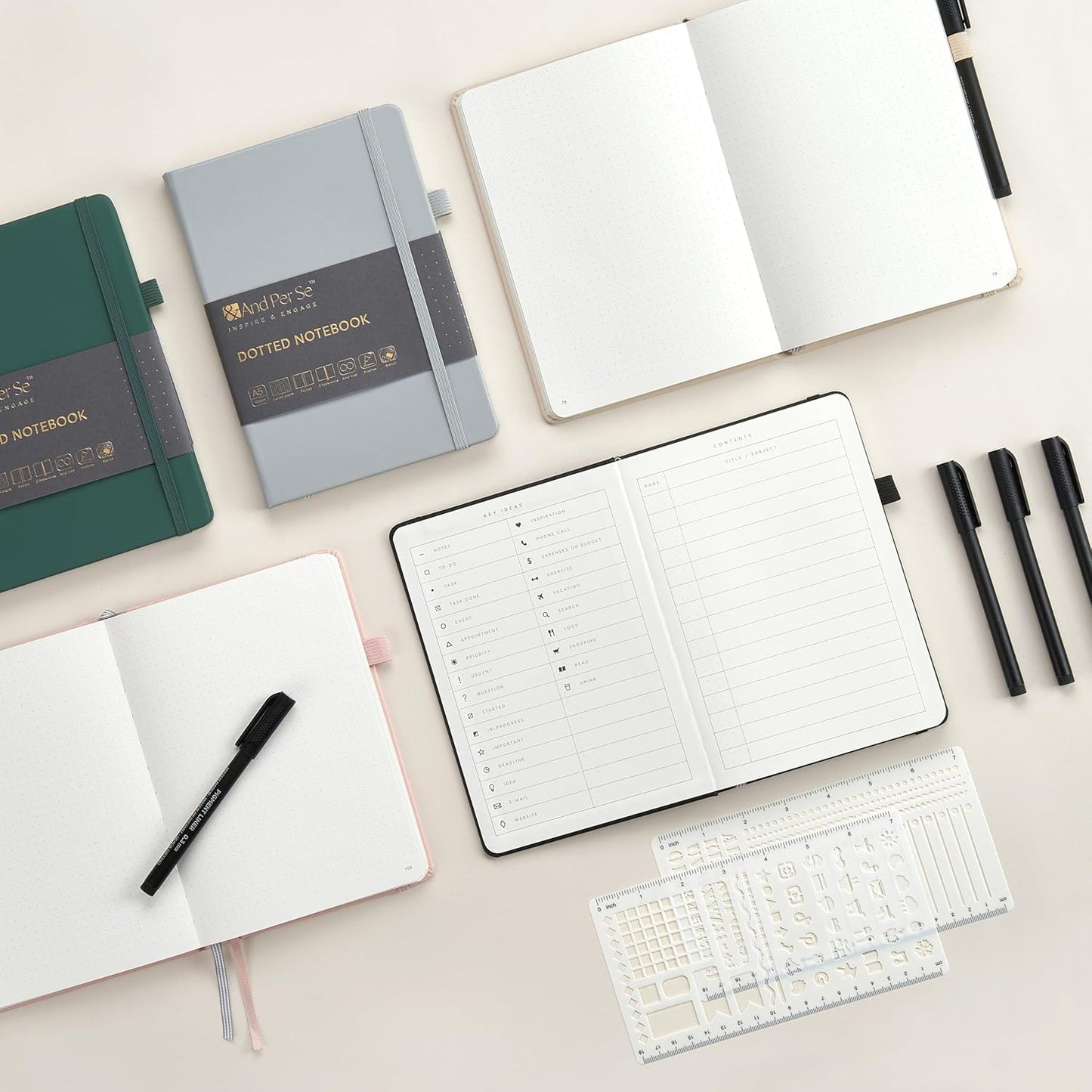 &And Per Se Bullet Dotted Journal Notebook, A5 Leather Hardcover, 176 Numbered Pages 100GSM Thick Dotted Paper, 2 Sheets of Stencils Included - 5.7'' x 8'' (Black)