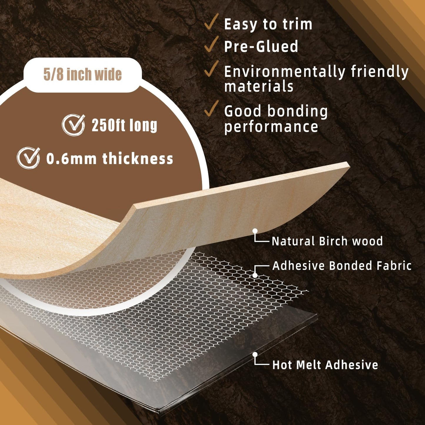 GSCIT Club Birch Edge Banding, 5/8 inch x 250ft roll of Veneer Plywood Edge Banding Preglued Flexible, Wood Tape Banding for Cabinet Repair