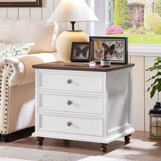 24" Wide Farmhouse Night Stand,Large End Table with 3 Drawers & Metal Handle,White Wood Dresser for Bedroom Cabinet, Bed Side Tabl·e Chest of Drawers,Nightstand for Living Room,Close