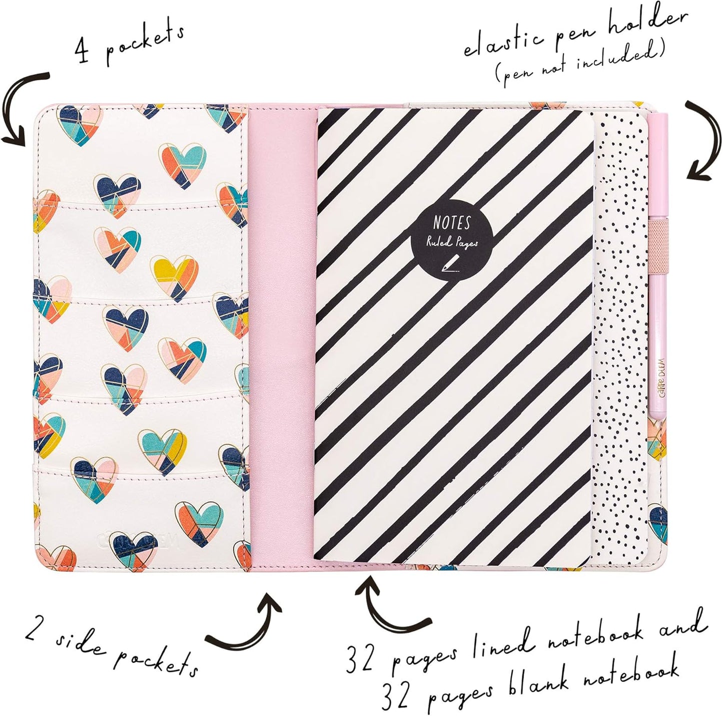 Pukka Pad, Carpe Diem Refillable Traveler’s Notebook Cover – Faux Leather Portfolio with Blank and Lined Notepads – Includes 6 Pockets, Pen Loop, and Elastic Closure – 8.5 x 5.5 Inches, Ballerina Pink