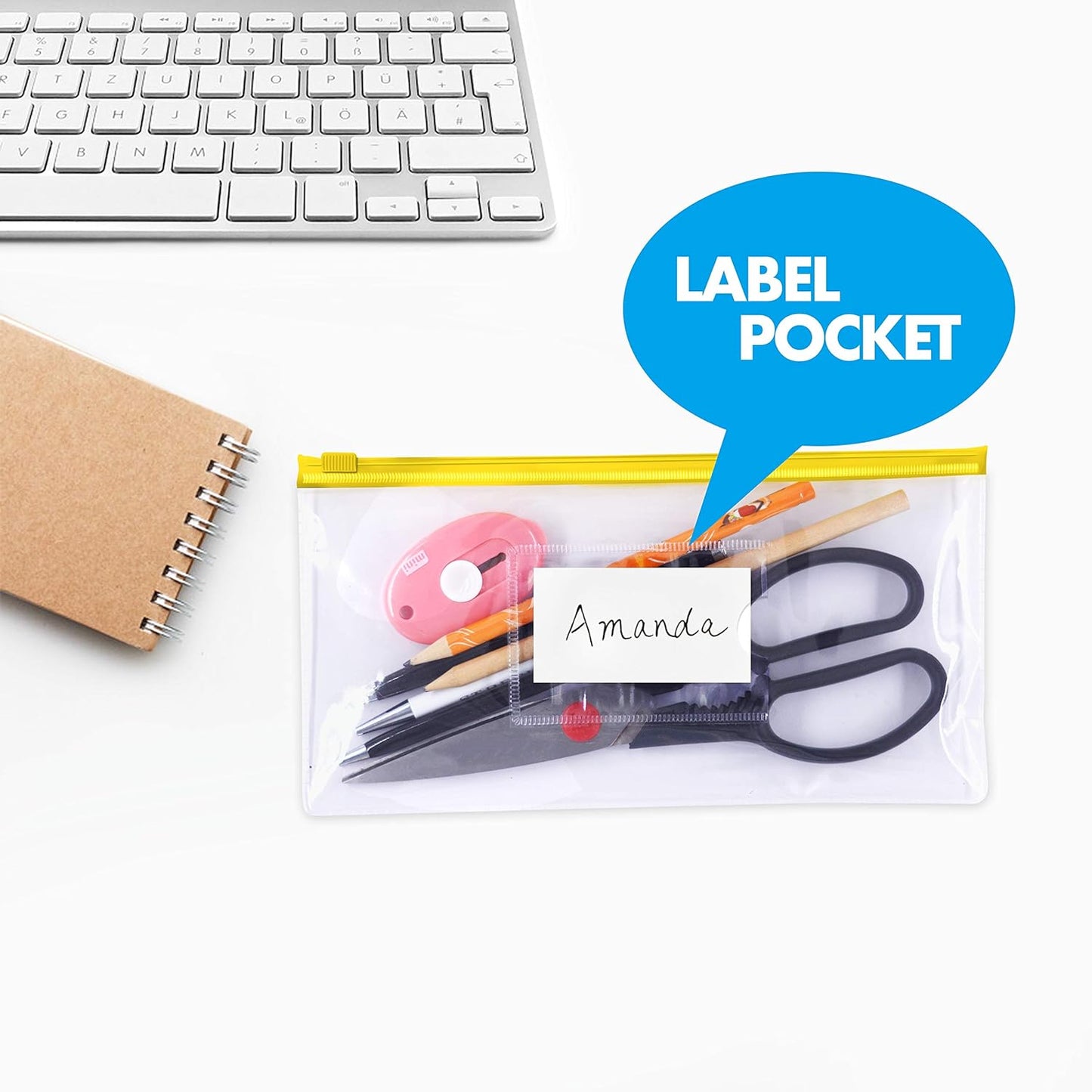 26 Clear Zip Envelope File Bill Document Bag Pocket Pencil Case with Tag Pocket, 5 Assorted Colors, 9.1” x 4.7”fit A6 Sheets