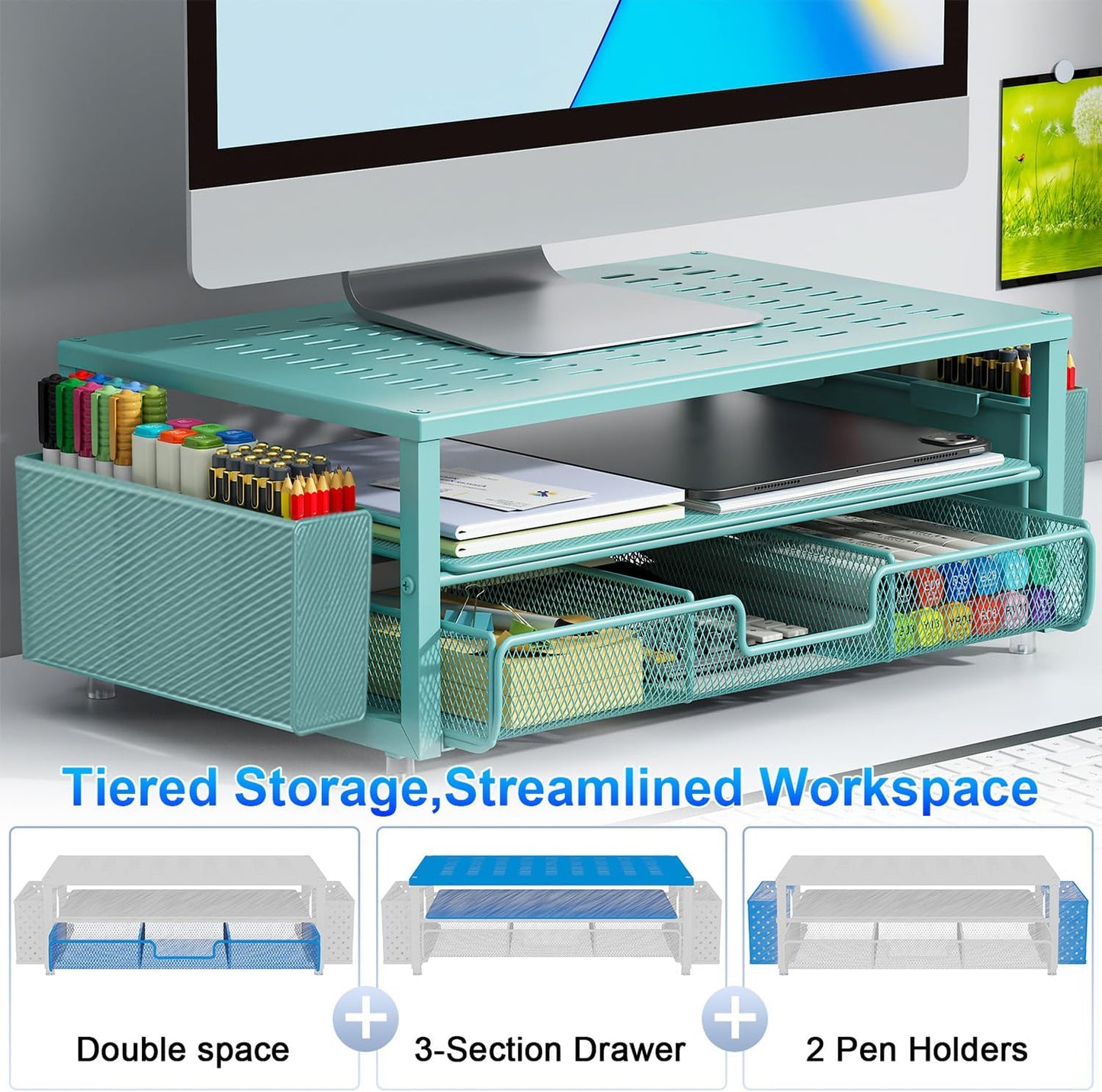 gianotter Desk Organizers and Accessories, Monitor Stand with Drawer and 2 Pen Holder, Desktop Organizer Suitable for Offices and Dormitories (Blue)